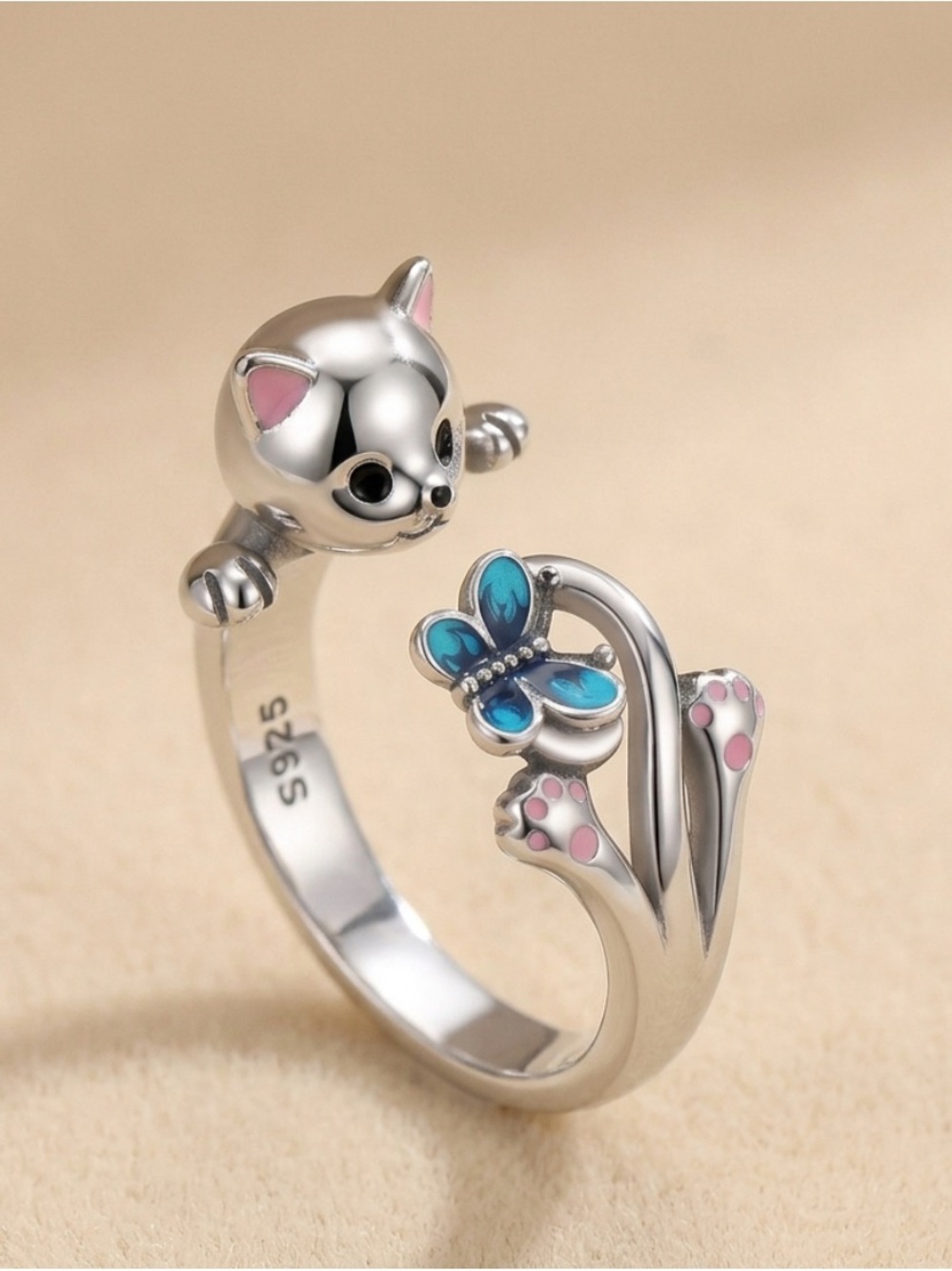 Sterling Silver Cat & Blue Butterfly Adjustable Ring - Pink Accents